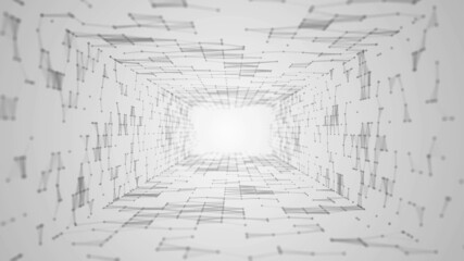 Halftone background frame. Mosaic tunnel design, grid of paths. Digital network pattern, monochrome particles, lines. A plexus of triangles. Outer space. Banner technologies, medicine, business.