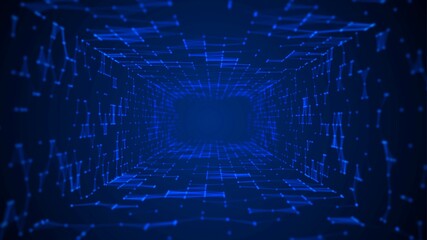 Neon background frame. Mosaic tunnel design, path grid. Digital network pattern, luminous particles, lines. Plex of triangles. Outer space. The Milky Way. Banner technology, medicine, business.	
