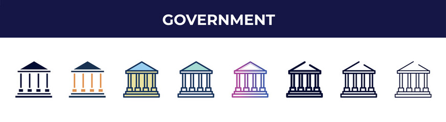 government icon in 8 styles. line, filled, glyph, thin outline, colorful, stroke and gradient styles, government vector sign. symbol, logo illustration. different style icons set.
