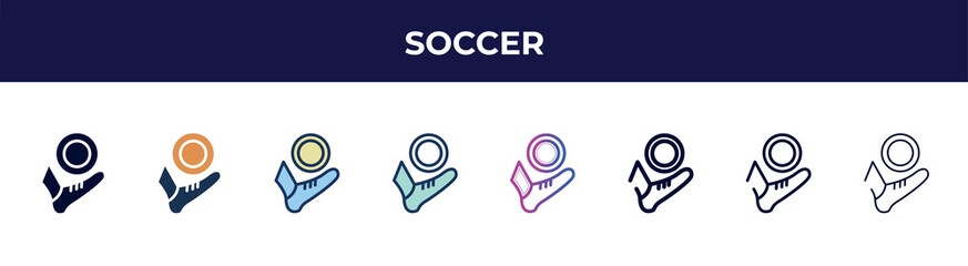 soccer icon in 8 styles. line, filled, glyph, thin outline, colorful, stroke and gradient styles, soccer vector sign. symbol, logo illustration. different style icons set.