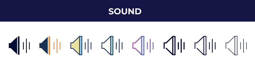 sound icon in 8 styles. line, filled, glyph, thin outline, colorful, stroke and gradient styles, sound vector sign. symbol, logo illustration. different style icons set.