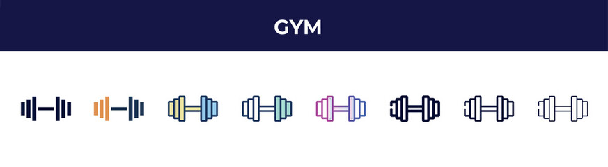 gym icon in 8 styles. line, filled, glyph, thin outline, colorful, stroke and gradient styles, gym vector sign. symbol, logo illustration. different style icons set.