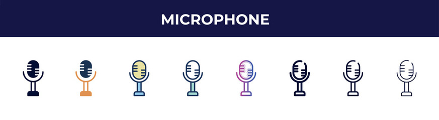 microphone icon in 8 styles. line, filled, glyph, thin outline, colorful, stroke and gradient styles, microphone vector sign. symbol, logo illustration. different style icons set.