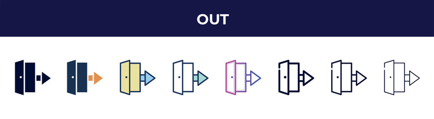 out icon in 8 styles. line, filled, glyph, thin outline, colorful, stroke and gradient styles, out vector sign. symbol, logo illustration. different style icons set.