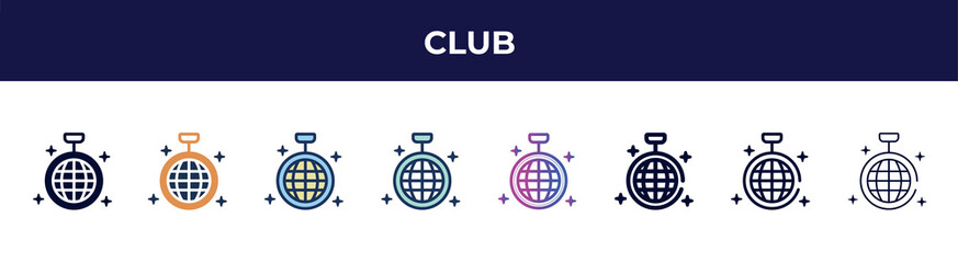 club icon in 8 styles. line, filled, glyph, thin outline, colorful, stroke and gradient styles, club vector sign. symbol, logo illustration. different style icons set.