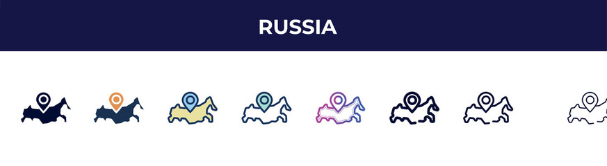 russia icon in 8 styles. line, filled, glyph, thin outline, colorful, stroke and gradient styles, russia vector sign. symbol, logo illustration. different style icons set.