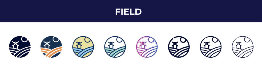 field icon in 8 styles. line, filled, glyph, thin outline, colorful, stroke and gradient styles, field vector sign. symbol, logo illustration. different style icons set.