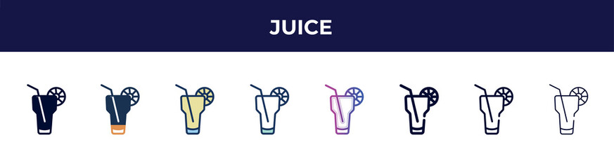 juice icon in 8 styles. line, filled, glyph, thin outline, colorful, stroke and gradient styles, juice vector sign. symbol, logo illustration. different style icons set.