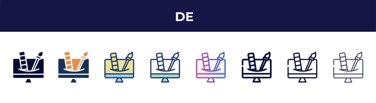 de icon in 8 styles. line, filled, glyph, thin outline, colorful, stroke and gradient styles, de vector sign. symbol, logo illustration. different style icons set.