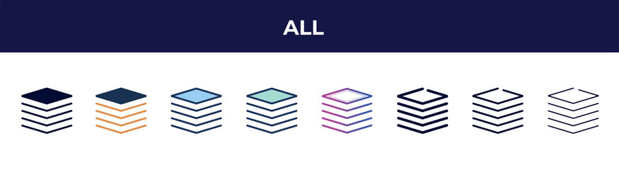 all icon in 8 styles. line, filled, glyph, thin outline, colorful, stroke and gradient styles, all vector sign. symbol, logo illustration. different style icons set.