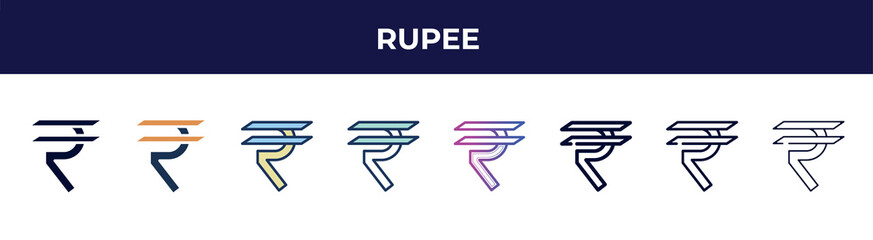 rupee icon in 8 styles. line, filled, glyph, thin outline, colorful, stroke and gradient styles, rupee vector sign. symbol, logo illustration. different style icons set.