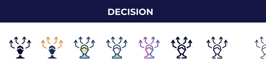 decision icon in 8 styles. line, filled, glyph, thin outline, colorful, stroke and gradient styles, decision vector sign. symbol, logo illustration. different style icons set.