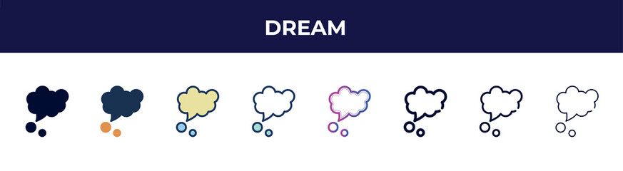 dream icon in 8 styles. line, filled, glyph, thin outline, colorful, stroke and gradient styles, dream vector sign. symbol, logo illustration. different style icons set.