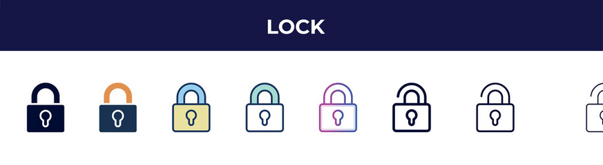 lock icon in 8 styles. line, filled, glyph, thin outline, colorful, stroke and gradient styles, lock vector sign. symbol, logo illustration. different style icons set.
