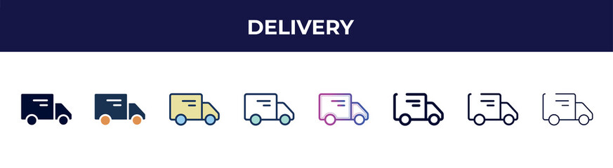 delivery icon in 8 styles. line, filled, glyph, thin outline, colorful, stroke and gradient styles, delivery vector sign. symbol, logo illustration. different style icons set.