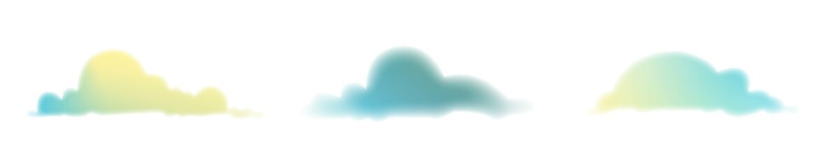 Vector set of various isolated multicolored clouds. Gradient clouds of different shapes on a white background. Weather conditions icons in yellow and blue.