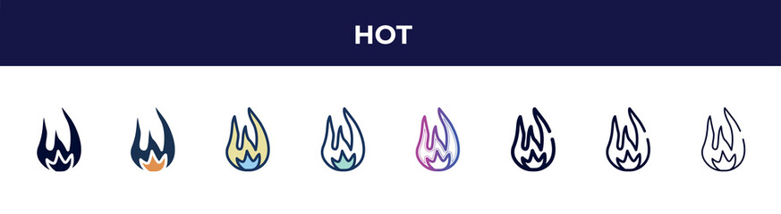 hot icon in 8 styles. line, filled, glyph, thin outline, colorful, stroke and gradient styles, hot vector sign. symbol, logo illustration. different style icons set.