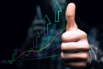 An investor with a phone shows a thumbs up, against the backdrop of an ascending graph with high volatility and moving averages. Bullish trend with lines and arrows.