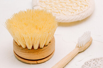 Zero waste concept, sustainable lifestyle. plastic free natural eco bamboo toothbrush,  brush. Bath accessories made of natural material.