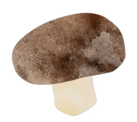 Hand-drawn watercolor papercut brown champignon mushroom. Bright cute kawaii kidcore style illustration, good for farmers market, supermarket products design, stickers or postcards.