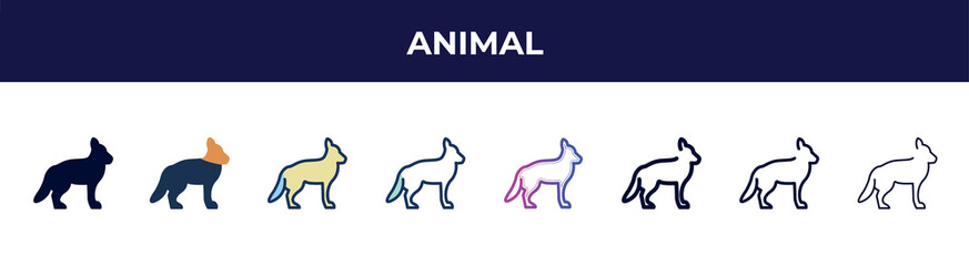 animal icon in 8 styles. line, filled, glyph, thin outline, colorful, stroke and gradient styles, animal vector sign. symbol, logo illustration. different style icons set.