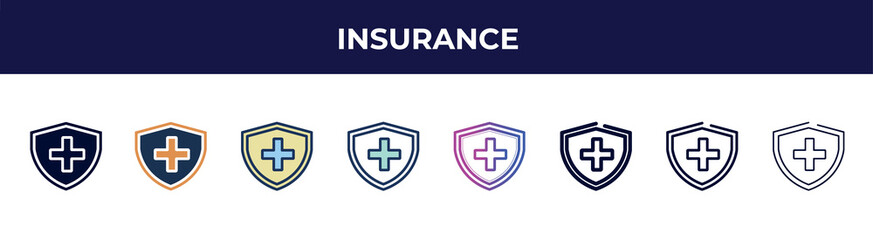 insurance icon in 8 styles. line, filled, glyph, thin outline, colorful, stroke and gradient styles, insurance vector sign. symbol, logo illustration. different style icons set.