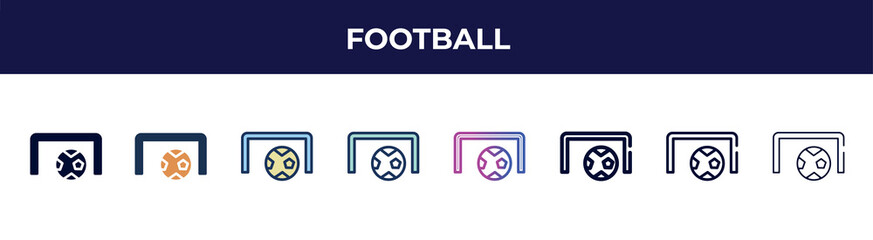 football icon in 8 styles. line, filled, glyph, thin outline, colorful, stroke and gradient styles, football vector sign. symbol, logo illustration. different style icons set.