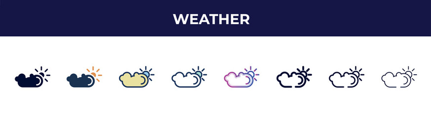 weather icon in 8 styles. line, filled, glyph, thin outline, colorful, stroke and gradient styles, weather vector sign. symbol, logo illustration. different style icons set.