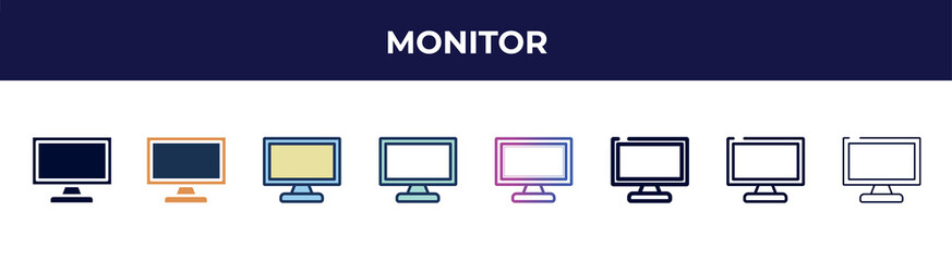 monitor icon in 8 styles. line, filled, glyph, thin outline, colorful, stroke and gradient styles, monitor vector sign. symbol, logo illustration. different style icons set.