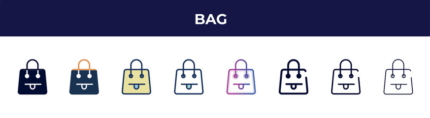 Obraz premium bag icon in 8 styles. line, filled, glyph, thin outline, colorful, stroke and gradient styles, bag vector sign. symbol, logo illustration. different style icons set.