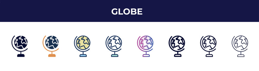 globe icon in 8 styles. line, filled, glyph, thin outline, colorful, stroke and gradient styles, globe vector sign. symbol, logo illustration. different style icons set.