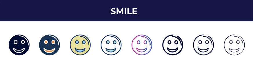 smile icon in 8 styles. line, filled, glyph, thin outline, colorful, stroke and gradient styles, smile vector sign. symbol, logo illustration. different style icons set.