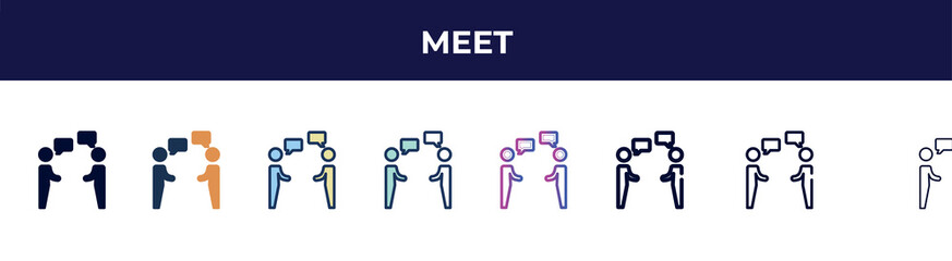 meet icon in 8 styles. line, filled, glyph, thin outline, colorful, stroke and gradient styles, meet vector sign. symbol, logo illustration. different style icons set.