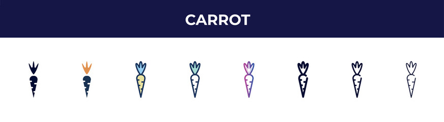 carrot icon in 8 styles. line, filled, glyph, thin outline, colorful, stroke and gradient styles, carrot vector sign. symbol, logo illustration. different style icons set.