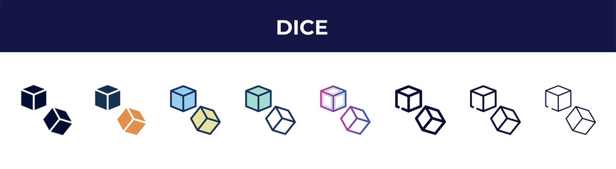 dice icon in 8 styles. line, filled, glyph, thin outline, colorful, stroke and gradient styles, dice vector sign. symbol, logo illustration. different style icons set.