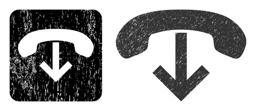 Vector phone hang up subtracted icon. Grunge phone hang up seal stamp, done with icon and rounded square. Rounded square stamp seal have phone hang up empty space inside.