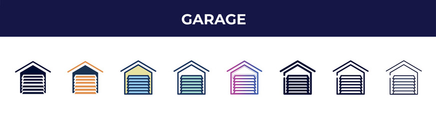 garage icon in 8 styles. line, filled, glyph, thin outline, colorful, stroke and gradient styles, garage vector sign. symbol, logo illustration. different style icons set.
