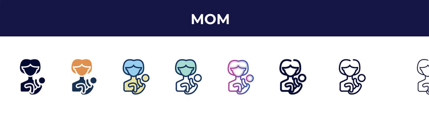 mom icon in 8 styles. line, filled, glyph, thin outline, colorful, stroke and gradient styles, mom vector sign. symbol, logo illustration. different style icons set.