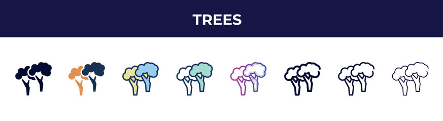 trees icon in 8 styles. line, filled, glyph, thin outline, colorful, stroke and gradient styles, trees vector sign. symbol, logo illustration. different style icons set.