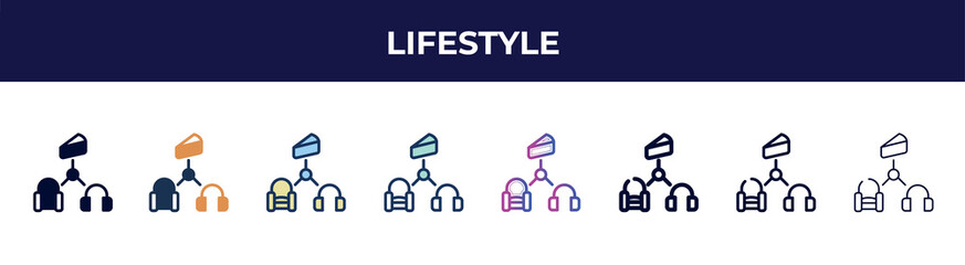 lifestyle icon in 8 styles. line, filled, glyph, thin outline, colorful, stroke and gradient styles, lifestyle vector sign. symbol, logo illustration. different style icons set.
