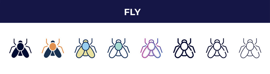 fly icon in 8 styles. line, filled, glyph, thin outline, colorful, stroke and gradient styles, fly vector sign. symbol, logo illustration. different style icons set.