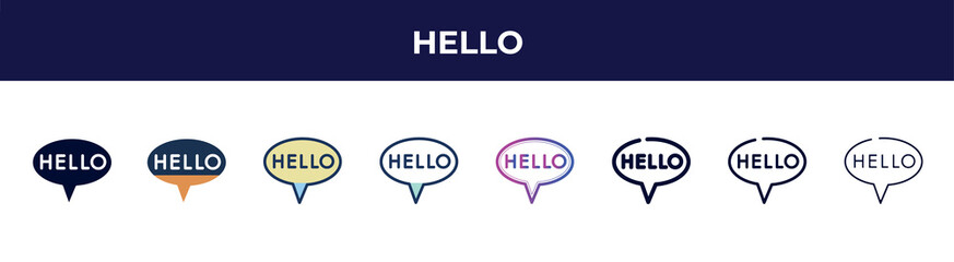 hello icon in 8 styles. line, filled, glyph, thin outline, colorful, stroke and gradient styles, hello vector sign. symbol, logo illustration. different style icons set.