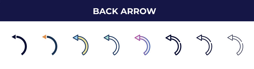back arrow icon in 8 styles. line, filled, glyph, thin outline, colorful, stroke and gradient styles, back arrow vector sign. symbol, logo illustration. different style icons set.