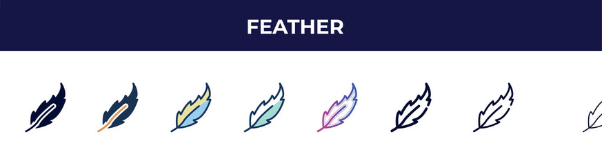 feather icon in 8 styles. line, filled, glyph, thin outline, colorful, stroke and gradient styles, feather vector sign. symbol, logo illustration. different style icons set.