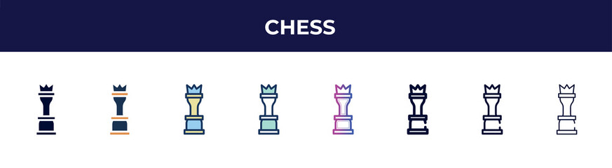 chess icon in 8 styles. line, filled, glyph, thin outline, colorful, stroke and gradient styles, chess vector sign. symbol, logo illustration. different style icons set.