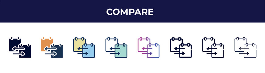 Obraz premium compare icon in 8 styles. line, filled, glyph, thin outline, colorful, stroke and gradient styles, compare vector sign. symbol, logo illustration. different style icons set.