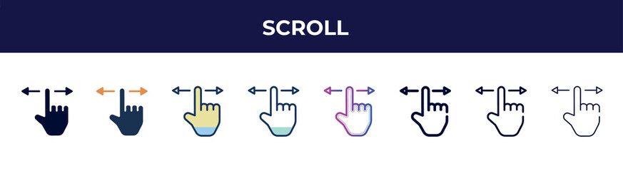scroll icon in 8 styles. line, filled, glyph, thin outline, colorful, stroke and gradient styles, scroll vector sign. symbol, logo illustration. different style icons set.