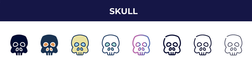 skull icon in 8 styles. line, filled, glyph, thin outline, colorful, stroke and gradient styles, skull vector sign. symbol, logo illustration. different style icons set.