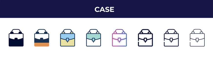case icon in 8 styles. line, filled, glyph, thin outline, colorful, stroke and gradient styles, case vector sign. symbol, logo illustration. different style icons set.