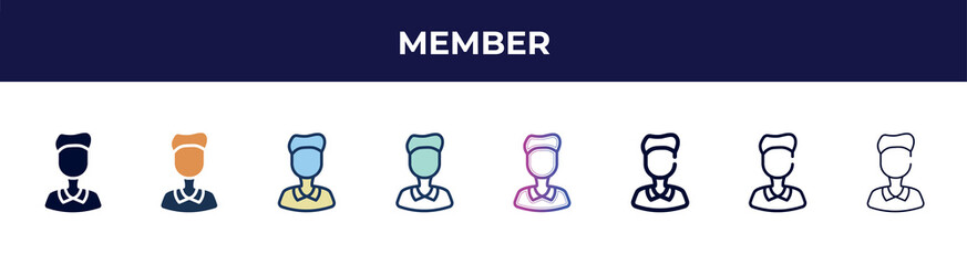 member icon in 8 styles. line, filled, glyph, thin outline, colorful, stroke and gradient styles, member vector sign. symbol, logo illustration. different style icons set.